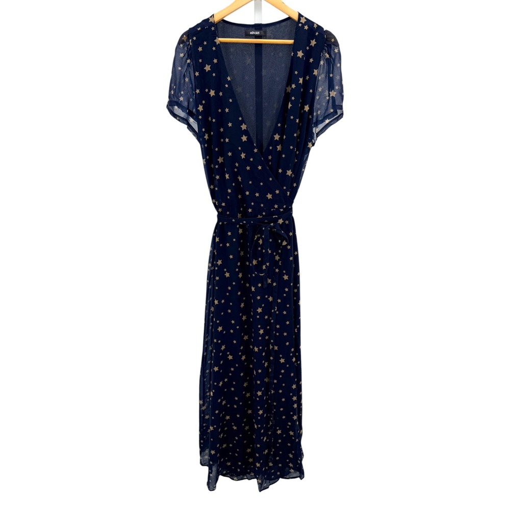 eShakti Star Print Georgette Maxi Wrap Dress Navy Blue Celestial Whimsigoth L XL